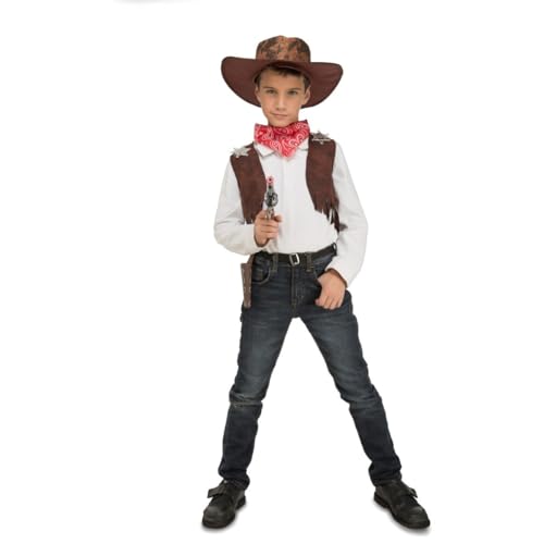 My Other Me Cowboy-Kostüm für Kinder, Unisex, Größe 5-7 Jahre, inklusive brauner Lederweste, rotem Halstuch, Hut, Pistolenholster und Sheriff-Plakette in Sternform. von My Other Me