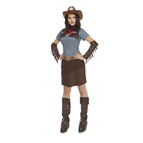 My Other Me Cowgirl-Kostüm für Damen, Größe S, inklusive blauer Denim-Bluse mit Fransen an den Schultern, braunem Rock, rotem Halstuch, Gürtel, Armreifen und Gamaschen, Western-Stil. My Other Me Cowgirl-Kostüm für Damen, Größe S, inklusive blauer Denim-Bluse mit Fransen an den Schultern, braunem Rock, rotem Halstuch, Gürtel, Armreifen und Gamaschen, Western-Stil. von My Other Me