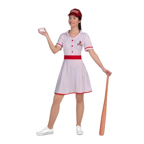 My Other Me - Damen-Baseballspieler-Kostüm, Größe S, weißes Kleid mit roten Streifen, Knöpfen, Bund und roten Abschlüssen, roter Hut mit Glitzer und Schriftzug "Howlers", sportlicher Stil. My Other Me - Damen-Baseballspieler-Kostüm, Größe S, weißes Kleid mit roten Streifen, Knöpfen, Bund und roten Abschlüssen, roter Hut mit Glitzer und Schriftzug "Howlers", sportlicher Stil. von My Other Me