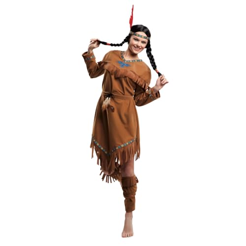 My Other Me Indianer-Kostüm für Erwachsene, Größe S, inklusive Kleid, Stirnband, Gürtel mit Federn und braunen Stulpen, mit blauen Details und Fransen, ideal für Karneval von My Other Me