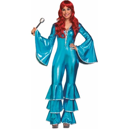 My Other Me Disco-Kostüm für Damen, Größe XXL. Inklusive hellblauem Overall mit Ärmeln und ausgestellten Hosen, verziert mit Rüschen und Besatz und silbernen Details. von My Other Me