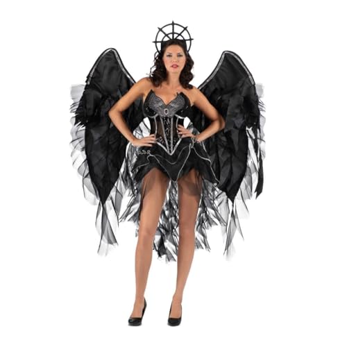 My Other Me Dunkles Engelskostüm für Damen, Größe S. Inklusive schwarzem Kleid mit asymmetrischem Tüll und silbernen Details, übergroßen schwarzen Flügeln und festem kreisförmigem Kopfschmuck. von My Other Me