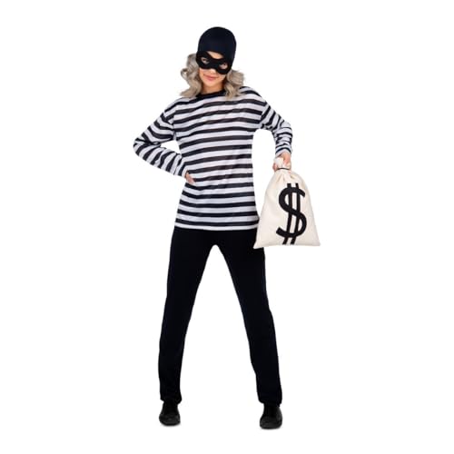 My Other Me Einbrecher-Kostüm für Erwachsene, Unisex, Größe M-L. Inklusive schwarzer Mütze und Maske, schwarz-weiß gestreiftes T-Shirt und weißer Sack mit Dollar-Symbol. My Other Me Einbrecher-Kostüm für Erwachsene, Unisex, Größe M-L. Inklusive schwarzer Mütze und Maske, schwarz-weiß gestreiftes T-Shirt und weißer Sack mit Dollar-Symbol. von My Other Me