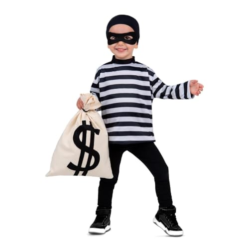 My Other Me Einbrecher-Kostüm für Kinder, Unisex, mit Mütze, Augenmaske, T-Shirt und Geldsack in Schwarz-Weiß, Größe 5-6 Jahre, perfekt für kleine Detektivabenteuer von My Other Me