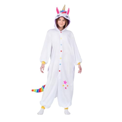My Other Me Einhorn-Pyjama, Einheitsgröße (XS bis M), inklusive weißem Overall mit Kapuze mit bunten Ohren, Horn und Mähne, Regenbogenschwanz und Sternen. von My Other Me