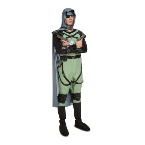 My Other Me - Erwachsenenkostüm für Herren aus Villano Warrior in Schwarz und Grün, mit Umhang mit Kapuze, Overall mit Schulterpolster und Schulterriemen, Band mit Aufnäher und Knieschützer Größe XS. von My Other Me