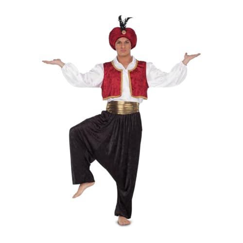 My Other Me Faquir-Kostüm für Herren, Größe M-L. Inklusive Turban mit glänzendem Detail und schwarzer Feder, weißes Hemd, rote Weste mit Besatz, schwarze Pumphose und Schärpe. von My Other Me