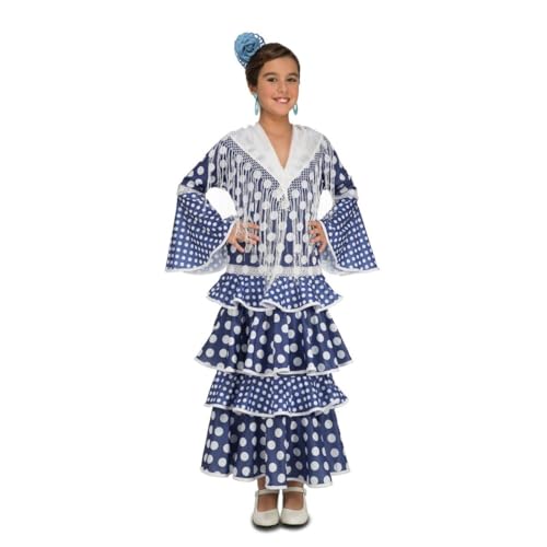 My Other Me Flamenco-Kostüm für Mädchen, Größe 5-6 Jahre, inklusive blauem Kleid mit weißen Punkten und geschichteten Rüschen, weißer Besatz und ausgestellten Ärmeln, ideal für Partys. von My Other Me