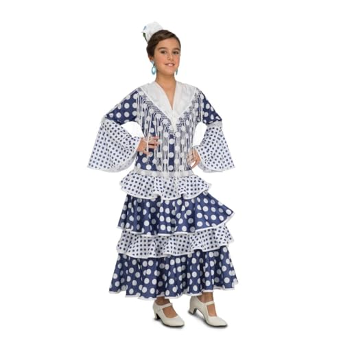 My Other Me Flamenco-Kostüm für Mädchen, Größe 7-9 Jahre, inklusive blauem und weißem Kleid, V-Ausschnitt, dekorativer Spitze, großen und kleinen Punkten, langen Ärmeln und Rüschenrock. von My Other Me