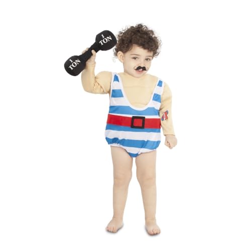 My Other Me Forzudo Baby-Kostüm, Größe 7-12 Monate, inklusive Muskelshirt mit aufgedruckten Tattoos, weiß und blau gestreifter Latzhose mit rotem Gürtel und schwarzen Hanteln aus Stoff mit Füllung. My Other Me Forzudo Baby-Kostüm, Größe 7-12 Monate, inklusive Muskelshirt mit aufgedruckten Tattoos, weiß und blau gestreifter Latzhose mit rotem Gürtel und schwarzen Hanteln aus Stoff mit Füllung. von My Other Me