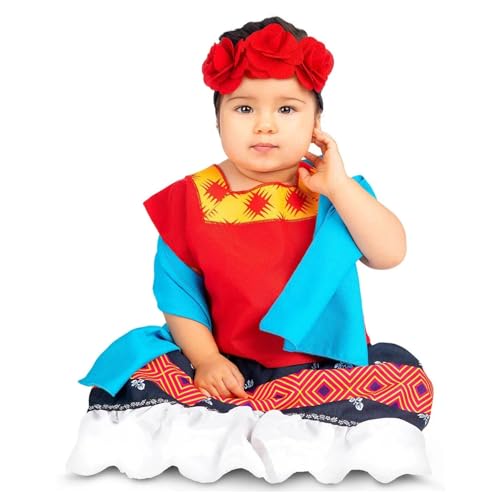 My Other Me Frida Kahlo Baby-Kostüm, Größe 12-24 Monate, inklusive Kopfschmuck mit roten Rosen, blauer Schal, rotes T-Shirt mit Details und Rock mit Blumen, Minimalerin, mexikanische Essenz. von My Other Me