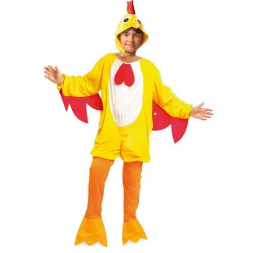 My Other Me Hahn-Kostüm für Kinder, Größe 3-4 Jahre. Inklusive Mütze mit Augen, Schnabel, Kinn und rotem Grat, gelber Overall mit roten Flügeln und Schwanz und Hose mit orangefarbenem Fußsack. von My Other Me