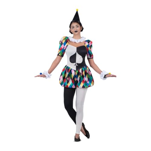 My Other Me Harlequin-Kostüm für Damen, Größe M. Inklusive schwarzer Mütze mit Bommel, weißem Plisseekragen, Overall mit Puffärmeln und Shorts, Manschetten, Fäustlingen und kontrastierenden Leggings. von My Other Me