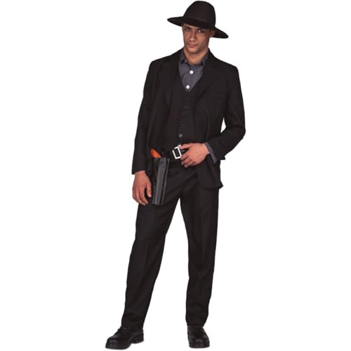 My Other Me Herren-Kostüm, Größe M-L. Inklusive schwarzer Jacke mit Tasche, taillierter Weste mit Knopfleiste, gerader Hose, graues Hemd und Gürtel mit Pistolenholster. Tödliche Luft des Westens. von My Other Me