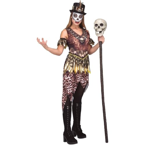 My Other Me - Hexenkostüm für Damen, Größe M-L, inklusive Kleid mit Tribal und Totenköpfen, goldfarbenem Rock mit schwarzer Spitze, gezacktem Saum und passenden Armreifen von My Other Me