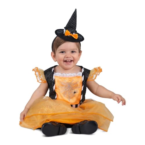 My Other Me Hexenkostüm für Mädchen, Größe 7-12 Monate. Inklusive orangefarbenem und schwarzem Kleid mit Tüll und Glitzer und Haarreif mit passendem Hut und Schleife. Frecher Charme der Fantasie von My Other Me