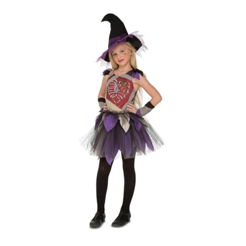 My Other Me Hexenkostüm für Mädchen mit Hut, Kleid und Fäustlingen in Lila und Rot, Größe 10-12 Jahre. Perfekt für Halloween-Partys mit magischem Touch von My Other Me