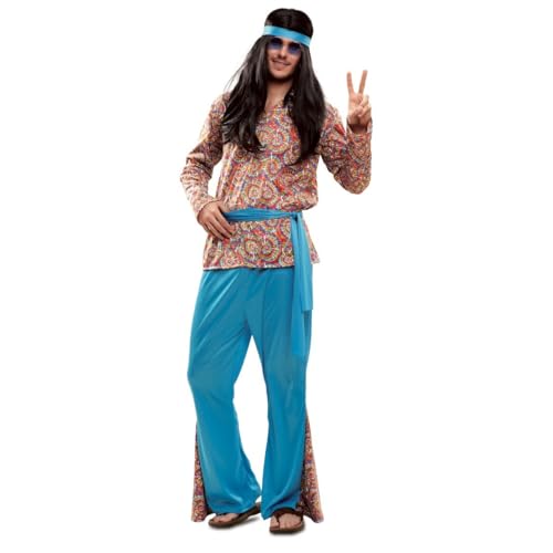 My Other Me Hippie-Kostüm für Herren, Größe XXXL, buntes Hemd mit psychedelischem Druck, blaue Hose mit Details des gleichen Drucks wie Hemd, Stirnband und Gürtel. von My Other Me