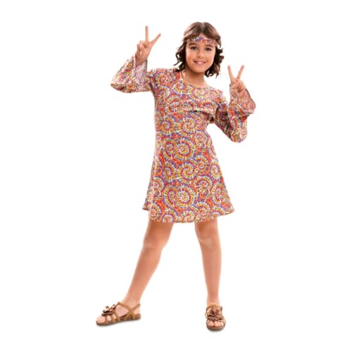 My Other Me Hippie-Kostüm für Mädchen, Größe 3-4 Jahre, kurzes Kleid mit langen Ärmeln und buntem psychedelischen Druck und passendem Stirnband. von My Other Me
