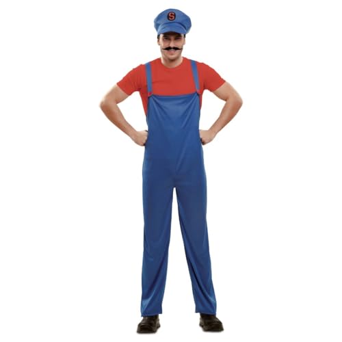 My Other Me Italienisches Klempner-Kostüm für Herren, Größe M-L. Inklusive Kappe mit schwarzem Emblem und Schriftzug "S" in rot, rotes T-Shirt und blauer Latzhose mit roten Knöpfen. von My Other Me