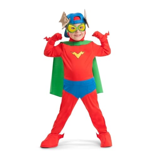 My Other Me Kinder-Kostüm mit Mütze, Augenmaske, Sturmhaube, Overall, Umhang, Handschuhe, Armreifen und Stiefelstulpen in Rot und Grün, Größe 6-7 Jahre. Perfekt für kleine Helden in Aktion von My Other Me