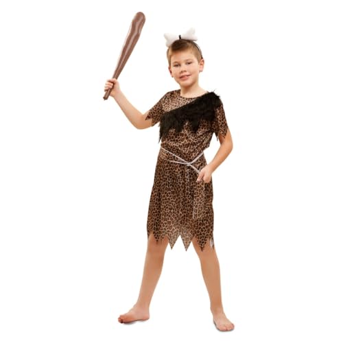 My Other Me Kinderkostüm Troglodita für Kinder, Größe 7 – 9 Jahre. Inklusive Kopfband in Knochenform, Kleid und Gürtel mit Leopardenmuster, ausgefransten Details und braunem Rüschen. von My Other Me