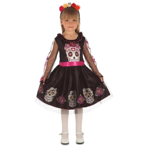 My Other Me - Kostüm für Mädchen, Totenkostüm mit Kleid und Kopfschmuck in Schwarz und Rosa, Größe 5-6 Jahre. Feiern Sie den Tag der Toten mit Stil von My Other Me