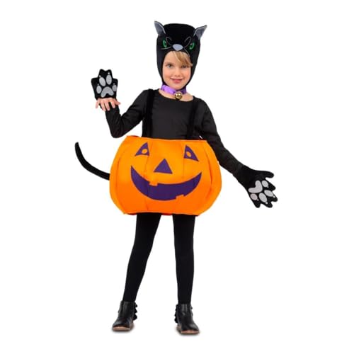 My Other Me Kürbis-Katzenkostüm für Kinder, Unisex, orange und schwarz, mit Mütze, Glöckchen, Fäustlingen und Kürbis, mit Trägern und Schwanz, Einheitsgröße, perfekt für Halloween von My Other Me