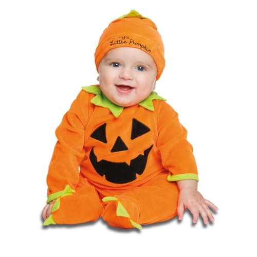 My Other Me Kürbis-Kostüm für Babys, Unisex, Größe 0-6 Monate. Inklusive orangefarbenem Velours-Overall mit Gesichtsaufdruck aus schwarzem Filz, grünen Details an Kragen, Bündchen und Beinen und von My Other Me