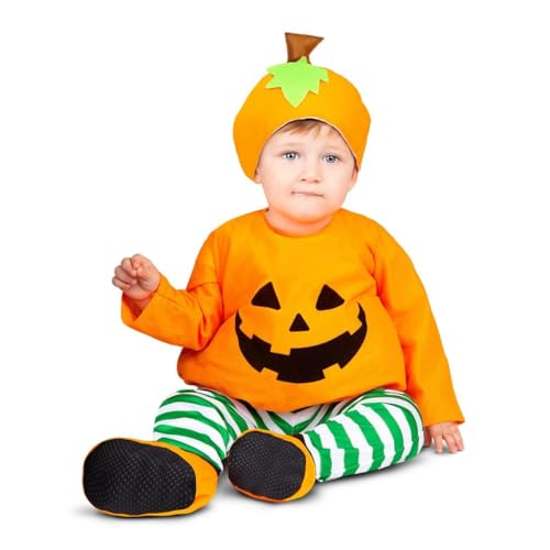 My Other Me Kürbis-Kostüm für Babys, Unisex, Größe 12 – 24 Monate. Inklusive orangefarbener Mütze mit Blatt und Schwanz, Overall mit Stickerei, grün und weiß gestreiften Netzteilen und rutschfesten von My Other Me