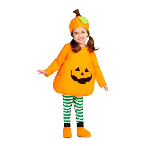 My Other Me Kürbis-Kostüm für Kinder, Unisex, Größe 3-4 Jahre, inklusive orangefarbener Mütze mit Blatt und Schwanz, Overall mit Stickerei, grün und weiß gestreifte Leggings und orangefarbene von My Other Me