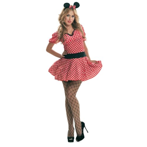My Other Me Mäuse-Kostüm für Damen, Größe S. Inklusive rotem Kleid mit weißen Punkten mit Puffärmeln mit schwarzem Gürtel und Kopfschmuck mit schwarzen Ohren und Schleife. von My Other Me