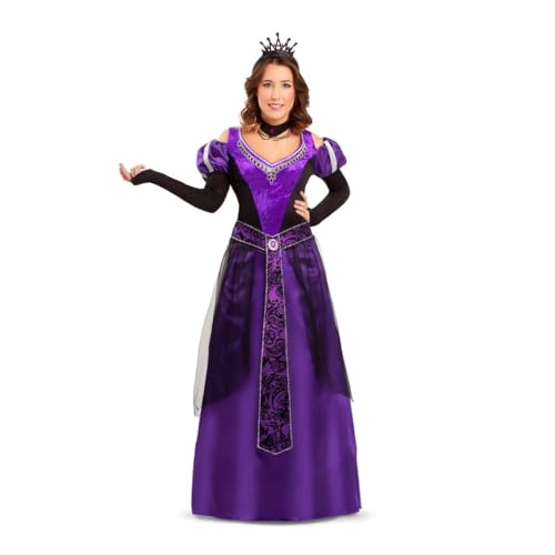 My Other Me Mittelalterliches Königin-Kostüm für Damen, Größe S. Inklusive langem lila Kleid mit schwarzen und goldenen Details, dekorierter Dekolleté, schwarzer Halsreif und Kopfschmuck mit Krone von My Other Me