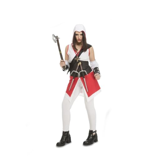 My Other Me Mörder-Kostüm für Damen, Größe XS. Inklusive Kleid mit Kapuze in Weiß und Rot, weiße Hose, schwarzer Gürtel und Schulterriemen, Manschetten und Armreifen mit silberfarbenen Schnallen. von My Other Me