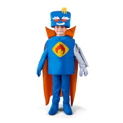 My Other Me Mr King Kinderkostüm mit Mütze, Anzug, Hose, Stiefelstulpen, Umhang, Handschuh, Roboterarm in Blau, Größe 4-5 Jahre. Erleben Sie ein magisches Abenteuer zwischen Flammen und Lachen von My Other Me