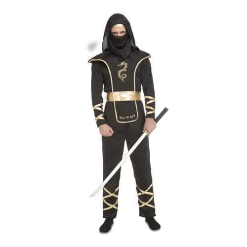 My Other Me Ninja-Kostüm für Herren, Größe XXL. Inklusive schwarzem Overall mit Kapuze und goldfarbenen Details an Ärmeln und Beinen, schwarzer Rüstung mit goldenen Kanten, goldenem Gürtel und My Other Me Ninja-Kostüm für Herren, Größe XXL. Inklusive schwarzem Overall mit Kapuze und goldfarbenen Details an Ärmeln und Beinen, schwarzer Rüstung mit goldenen Kanten, goldenem Gürtel und von My Other Me