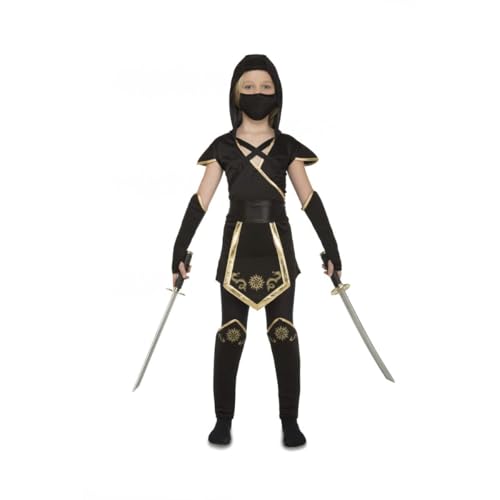 My Other Me Ninja-Kostüm für Mädchen, 5-6 Jahre. Inklusive Kleid und Kapuze, Gürtel, Gamaschen, Maske und Manschetten in Schwarz mit goldenen Details. Intensives Schwarz mit glitzernden Akzenten. von My Other Me