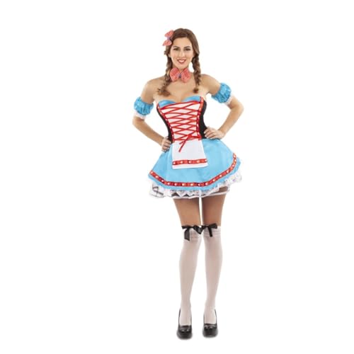 My Other Me Oktoberfest-Kostüm für Damen, Größe M-L. Inklusive blauem Kleid mit Spitzenbesatz und Schürze mit Korsett-Top in schwarz und weiß, passende Manschetten, Kopfschmuck, Choker und Socken. von My Other Me