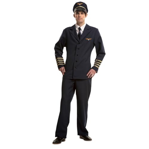 My Other Me Pilotenkostüm für Herren, Größe M-L. Inklusive schwarzer Mütze mit goldenem Abzeichen, weißem Hemd, Hose und Jacke in Marineblau und goldenen Details an den Ärmeln und schwarzer Krawatte. von My Other Me