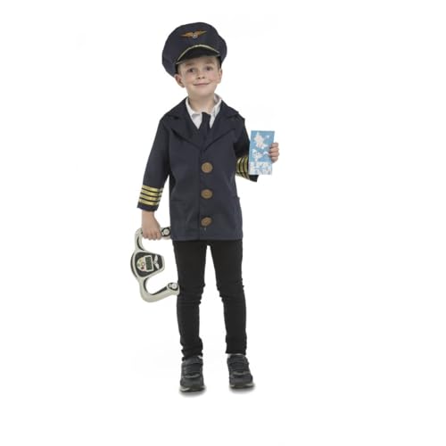 My Other Me Pilotenkostüm für Kinder, Unisex, Größe 3-5 Jahre, inklusive marineblauer Jacke mit weißem Hemd, schwarzer Krawatte, Mütze mit goldenem Abzeichen, Flugzeugsteuerung und Bordkarte. von My Other Me