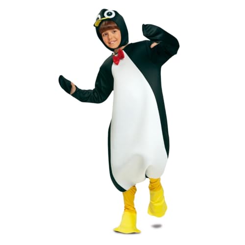 My Other Me Pinguin-Kostüm für Kinder, Größe 10 – 12 Jahre, inklusive Mütze mit gelbem Schnabel und Augen, schwarzer Overall mit weißer Brust, roter Schleife und gelber Fußbedeckung. Ein von My Other Me