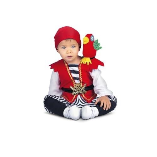 My Other Me Piratenkostüm für Babys, Größe 12-24 Monate. Inklusive weißem Overall mit schwarzen Streifen, rote Weste mit goldenem Besatz und Gürtel mit Totenköpfen und Schwertern, rotes Bandana und von My Other Me