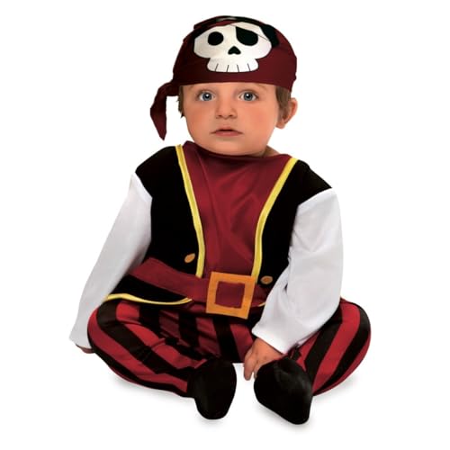 My Other Me Piratenkostüm für Babys, Unisex, Größe 7-12 Monate. Inklusive Overall mit roten und schwarzen Streifen, rotes Hemd, schwarze Weste mit gelbem Besatz, weißen Ärmeln und Kopftuch mit von My Other Me