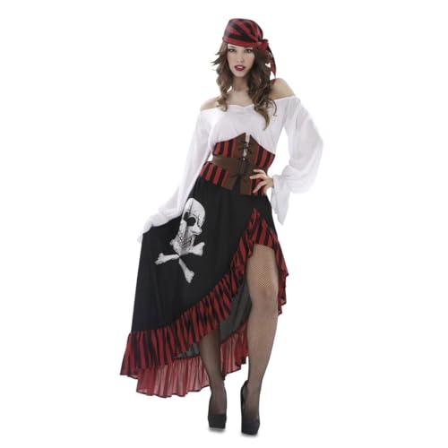 My Other Me Piratenkostüm für Damen, Größe M-L. Inklusive Gürtel, Kopftuch und rotem Korsett mit schwarzen Streifen, weißes Kleid und asymmetrischem schwarzem Rock mit schwarzem und rotem Rüschen und My Other Me Piratenkostüm für Damen, Größe M-L. Inklusive Gürtel, Kopftuch und rotem Korsett mit schwarzen Streifen, weißes Kleid und asymmetrischem schwarzem Rock mit schwarzem und rotem Rüschen und von My Other Me