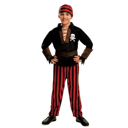 My Other Me Piratenkostüm für Kinder, Größe 3-4 Jahre, inklusive schwarz-rot gestreiftem Halstuch und Hose, schwarzes Hemd mit Totenkopf und braunen Handgelenken und braunem Gürtel. von My Other Me