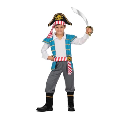 My Other Me Piratenkostüm für Kinder, blau und grau, mit Mütze, Hemd, Weste, Gürtel, Hose und Stiefelstulpen, Größe 5-6 Jahre. Navigieren Sie die Meere auf der Suche nach versteckten Schätzen von My Other Me