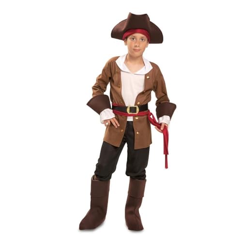 My Other Me Piratenkostüm für Kinder, mit Hut, Jacke mit Hemd, Schärpe, Gürtel, Hose und Stiefelstulpen in Weiß und Braun, Größe 7-9 Jahre. Abenteuer auf hoher See warten auf Sie! von My Other Me