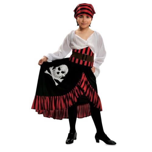 My Other Me Piratenkostüm für Mädchen, Größe 3–4, inklusive rotem Halstuch mit schwarzen Streifen, weißem Kleid mit gestreiftem Rüschenrock und Totenkopfdruck, Korsett und braunem Gürtel. von My Other Me