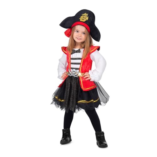 My Other Me Piratenkostüm für Mädchen, Größe 3-4 Jahre. Inklusive Kleid mit langen Ärmeln, Tüllrock mit glitzernden Details, rote Weste, goldener Gürtel mit Totenkopfschnalle und Hut. von My Other Me