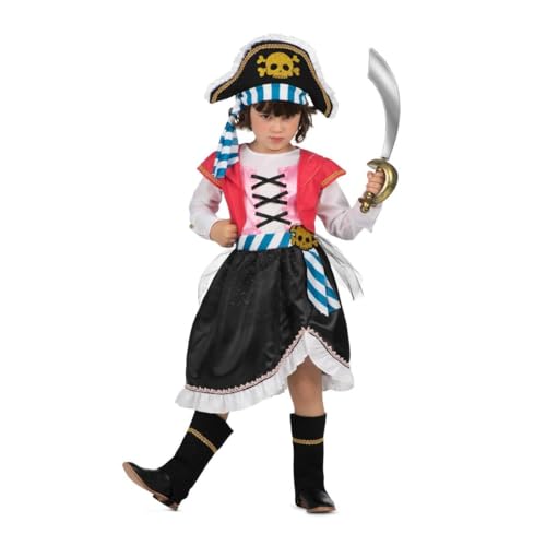 My Other Me Piratenkostüm für Mädchen mit Mütze, Hemd mit Mieder, Weste, Gürtel, Rock und Stiefelstulpen in Schwarz und Rosa, Größe 5-6 Jahre. Surfen Sie die Meere im Piraten-Stil von My Other Me